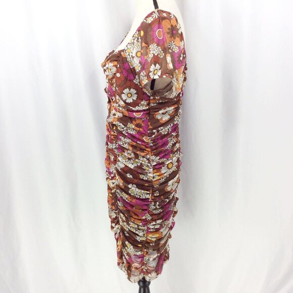 Madden NYC Juniors Ruched Dress Size XL Brown Retro 70s Floral Bodycon Sexy - Picture 6 of 11